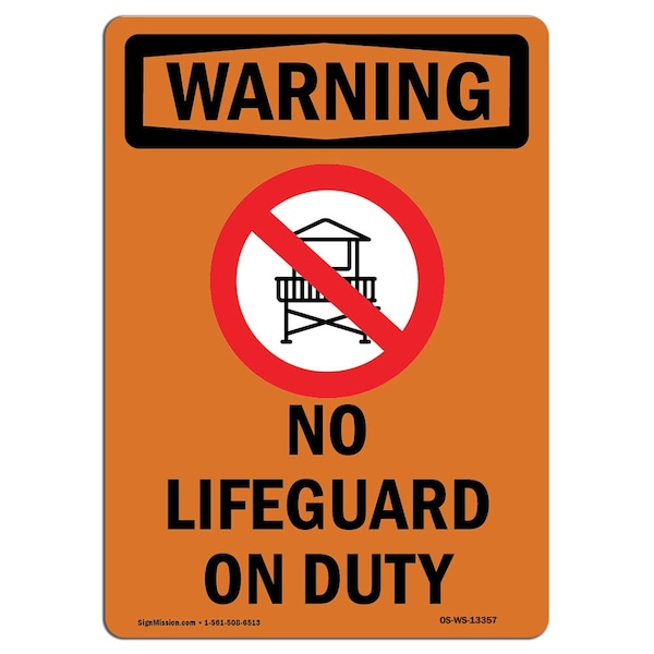 Safety Sign, OSHA WARNING, 5" Height, No Lifeguard On Duty, Portrait, 10PK
